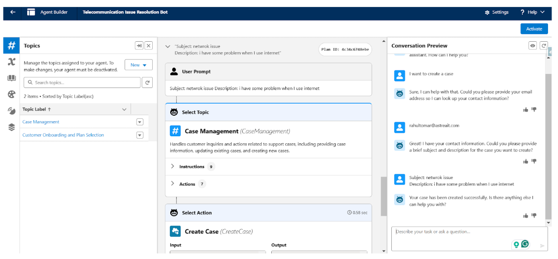 Agentforce resolving telecom service cases screenshot