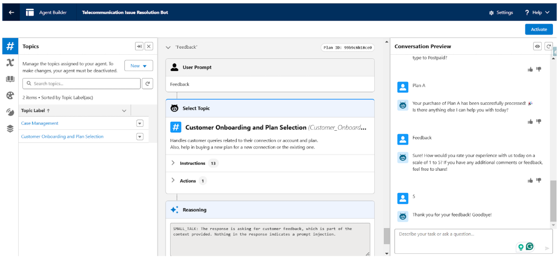 Agentforce collecting telecom customer feedback dashboard
